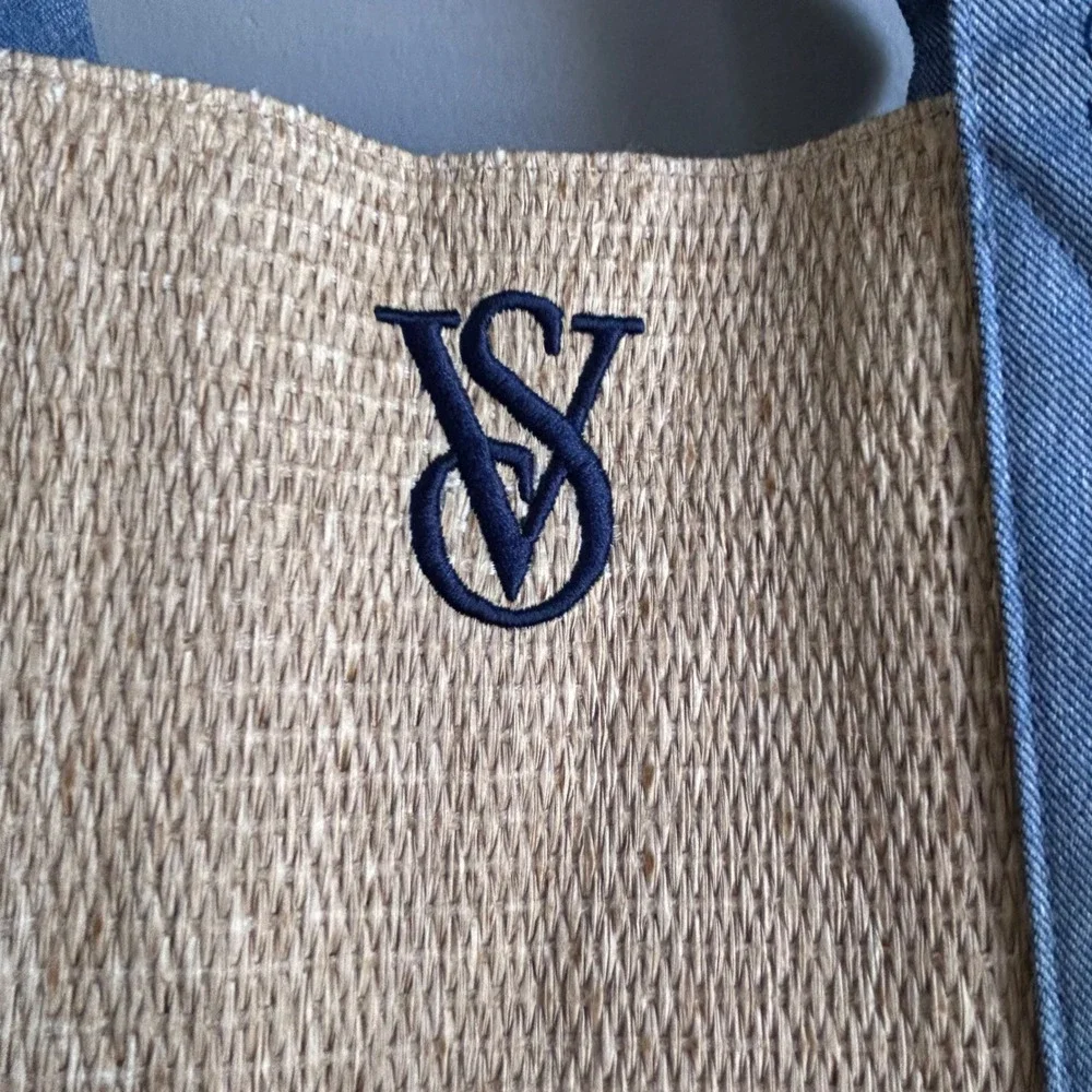 Victoria's Secret Straw Tote Bag Blue Denim Trim Beach Summer Logo 11232338